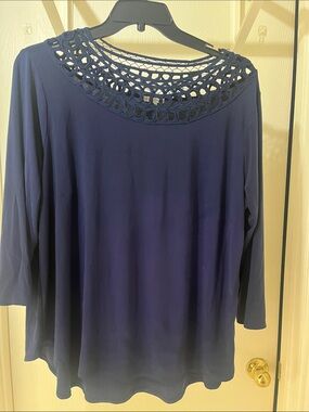 Cato Navy Crochet Yoke Long Sleeve Top